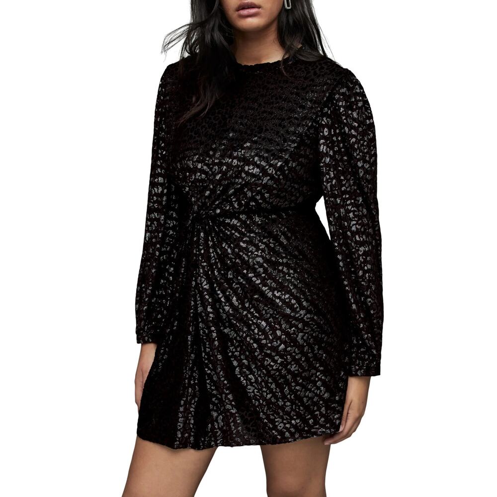All Saints Jemima Black Leopard Print Long Sleeve Twist Front Mini Dress 0‎ NWT
